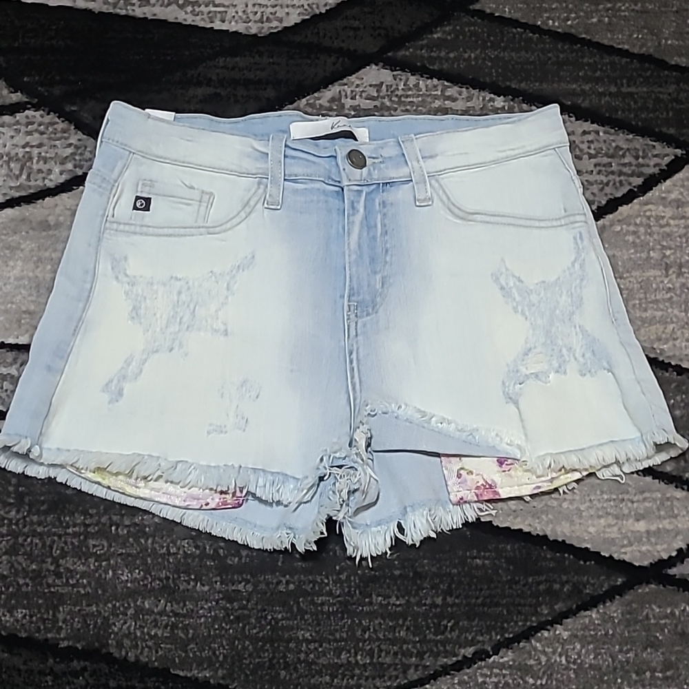 KANCAN DISTRESSED FLORAL LACE POCKETS DENIM JEAN SHORTS